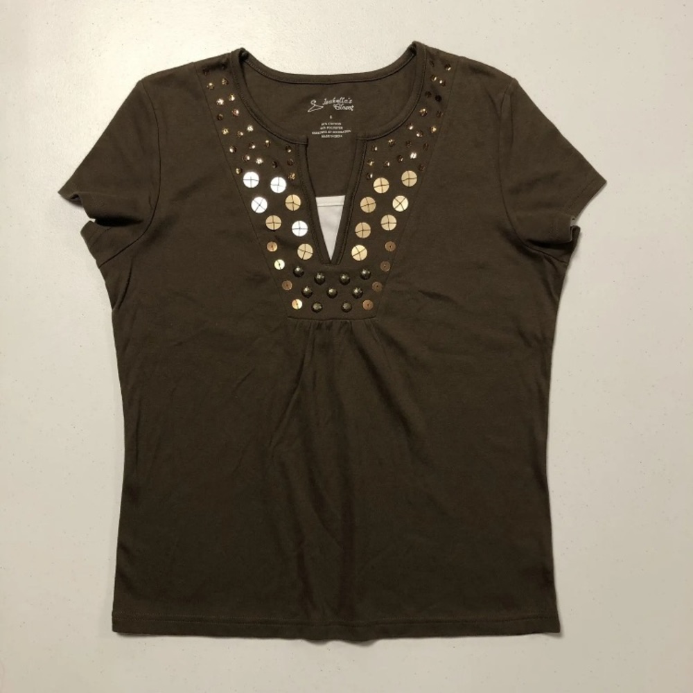 NWT ISABELLA’S CLOSET Women’s Pullover Brown Top with Sequins and Studs size S